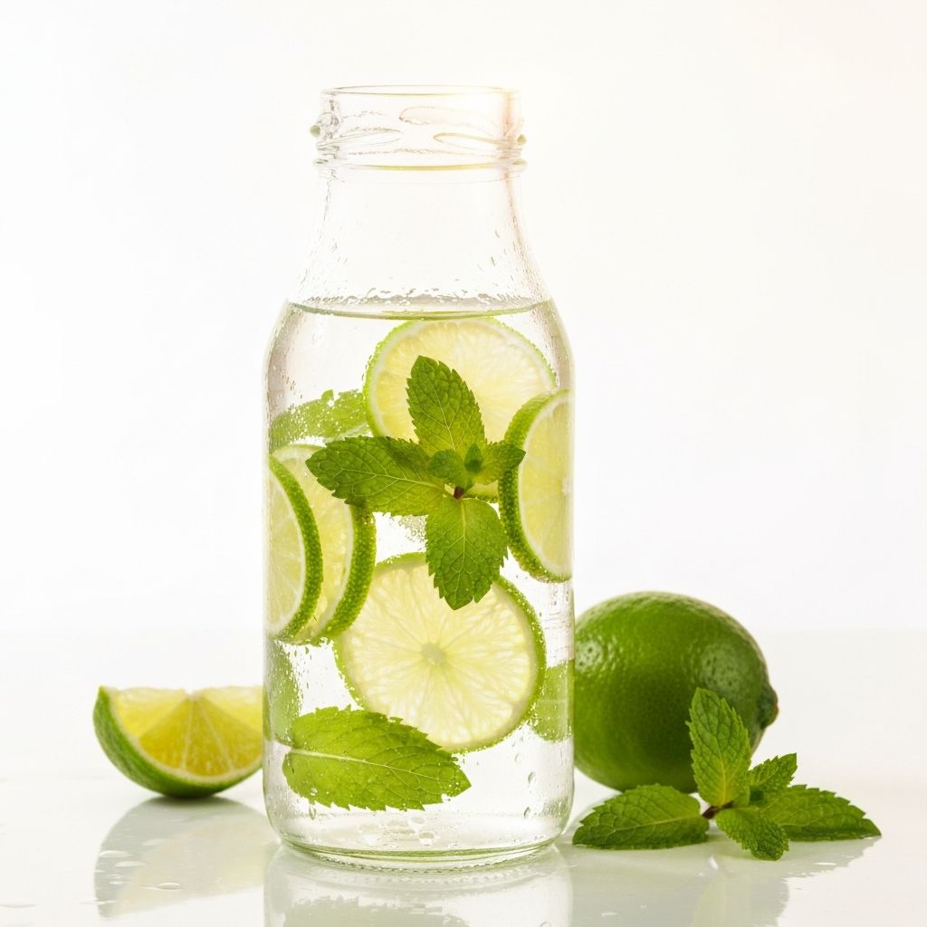 Clear water bottle with lime and mint slices