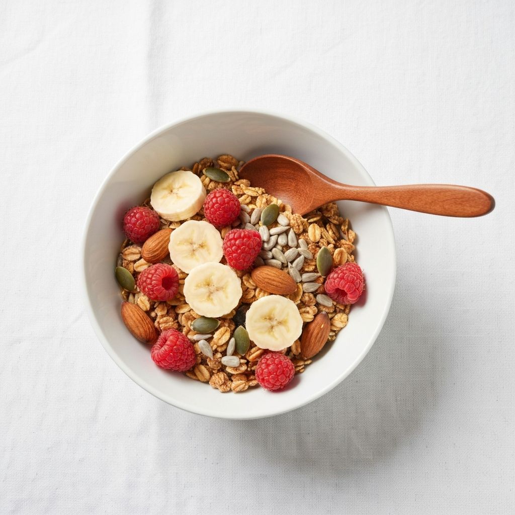 Morning bowl of muesli with fresh berries and nuts