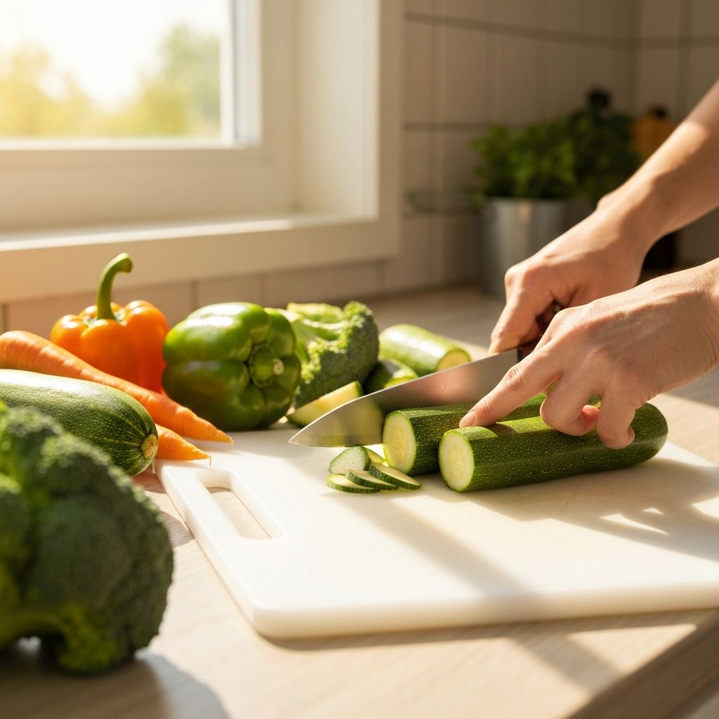 Hands chopping zucchini with colorful vegetables nearby